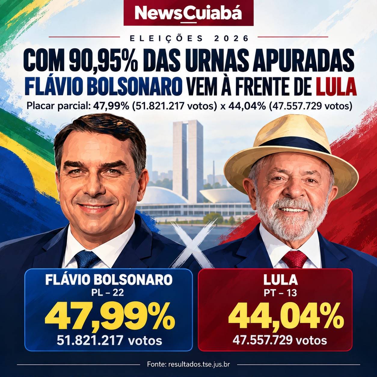 Com 90,95% das urnas apuradas, Fl�vio Bolsonaro lidera Lula na corrida presidencial