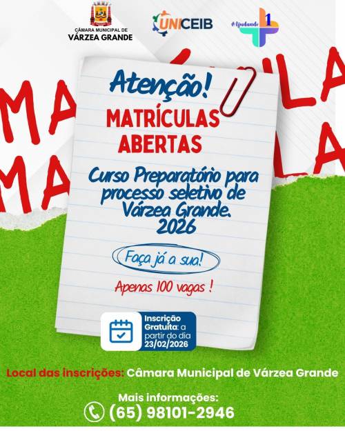Câmara de Várzea Grande abre 100 vagas para curso preparatório do processo seletivo municipal